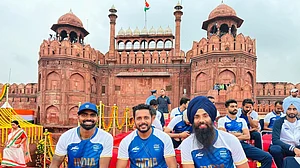 Photo: X | Jarmanpreet Singh : India men's hockey team players celebrating Independence Day at Red Fort .